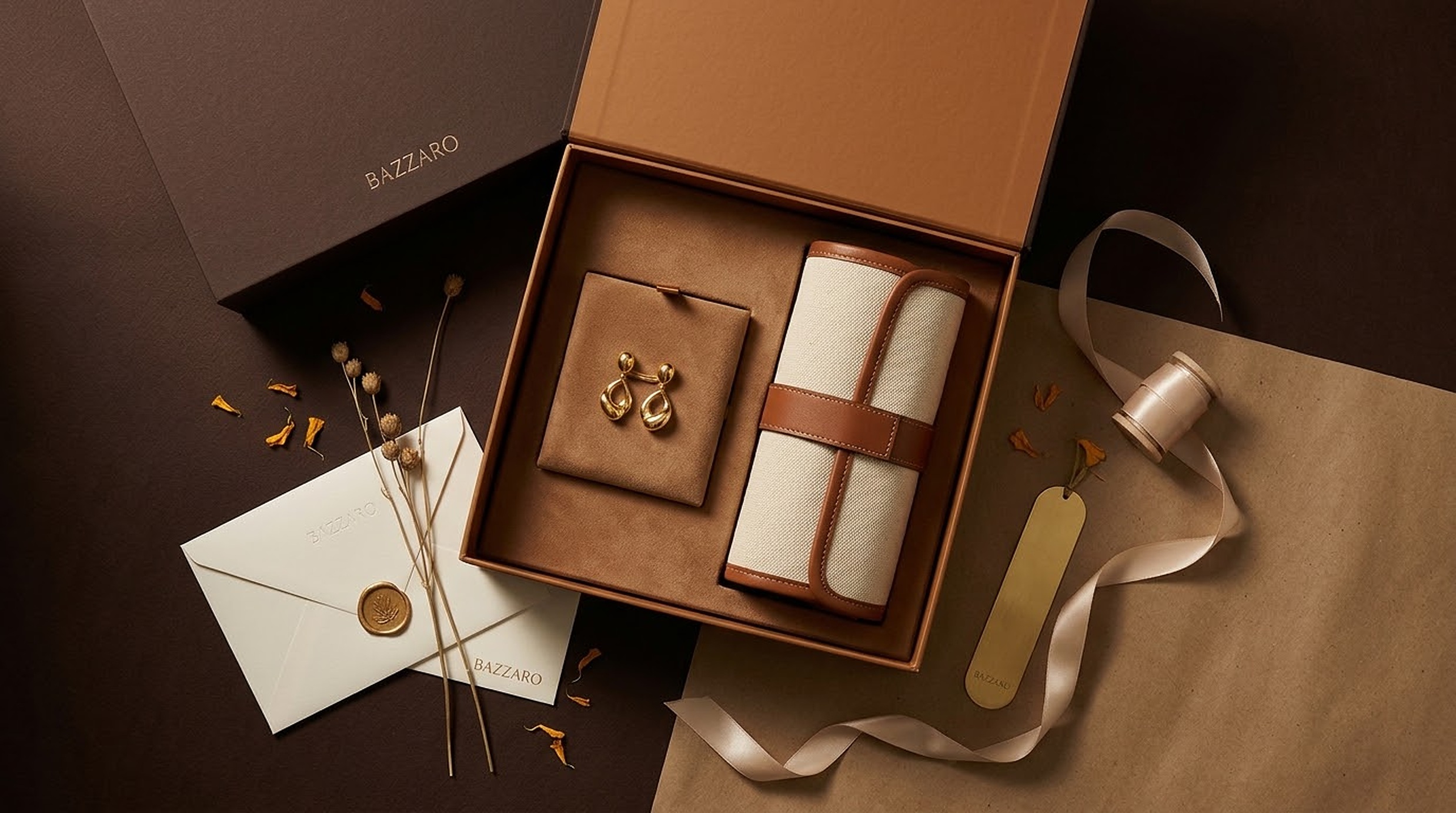 Bazzaro Corporate & Festive Diwali Gifting Flat Lay with bespoke luxury gift box, gold vermeil earrings, leather tote, brass bookmark and wax seal envelope